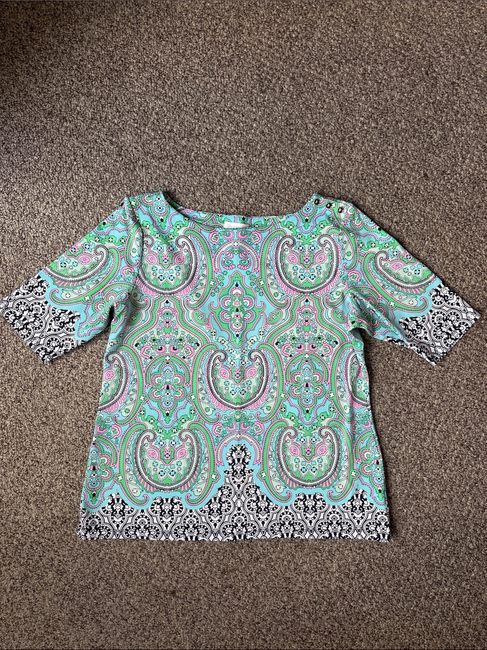 Charter Club Mint Paisley Boatneck Top with Black White Trim